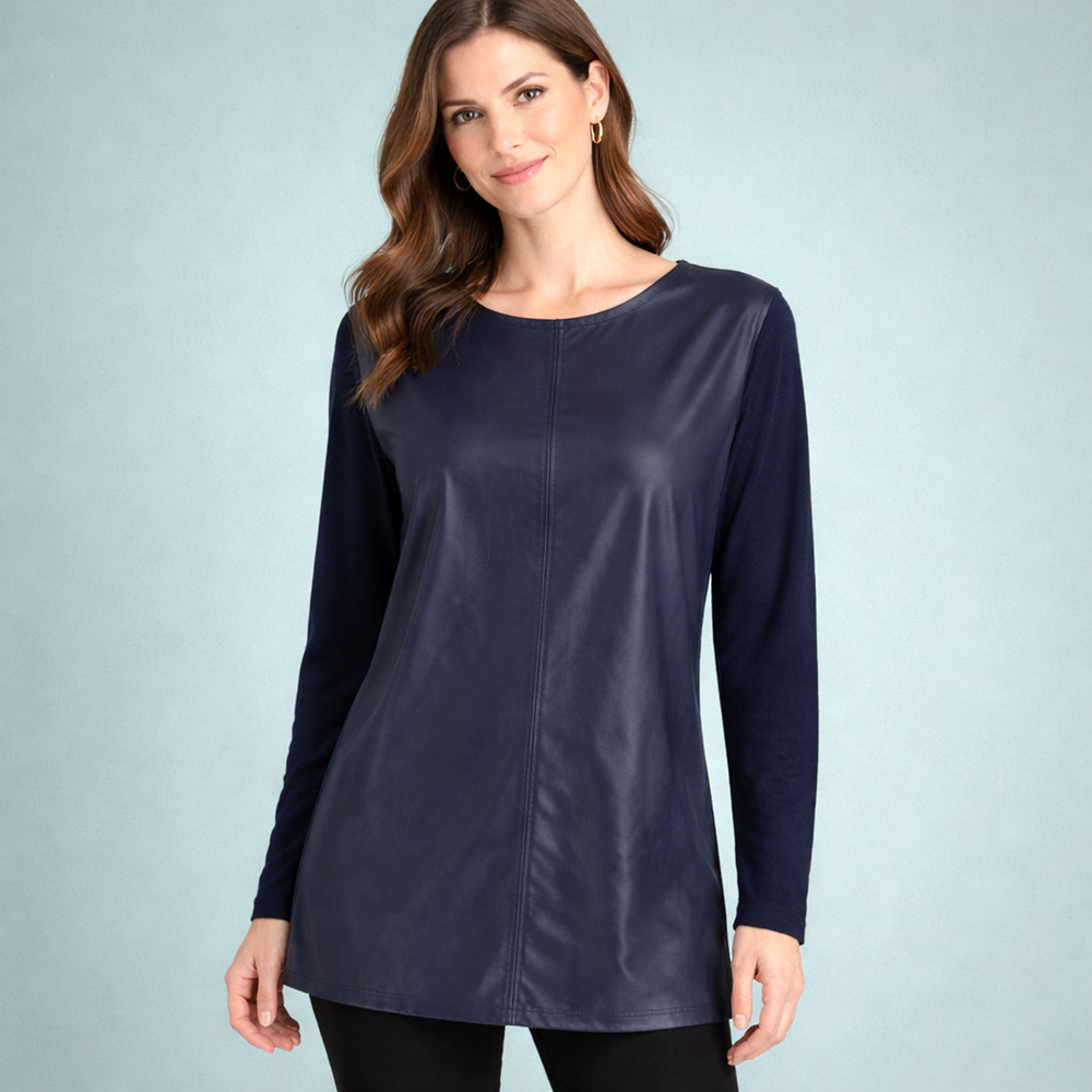 Chico's 3 Size XL Blue Faux Leather Crew Scoop Neck Long Sleeve Knit Tunic Top